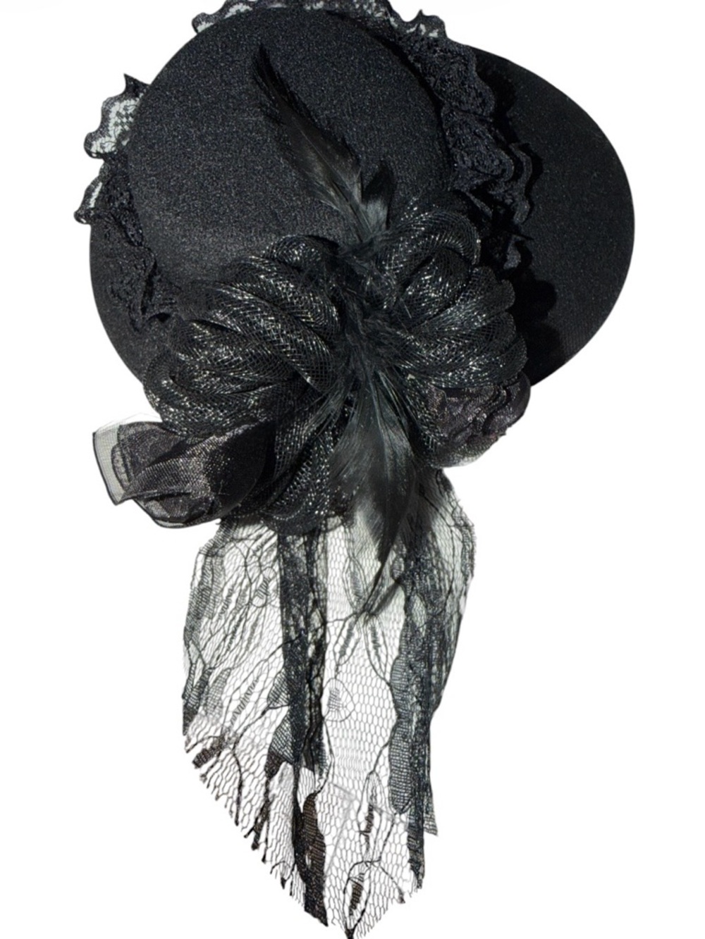 Classy Black Hat /Fascinator with Lace and Feather Adornments